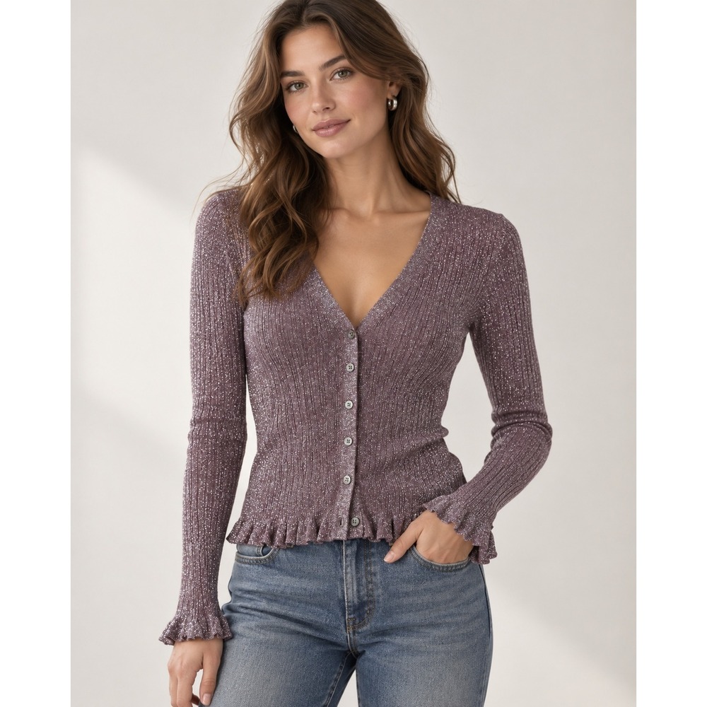 White + Warren Cardigan Women XS Mauve Silk Blend Metallic Ruffle Ribbed Knit
